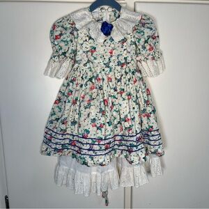 Vintage 80s 90s Little Girls Toddler Prairie Dress Lace Bow Floral Size 3 Easter
